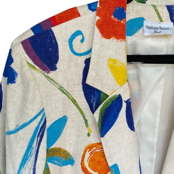 Vintage Stephanie Thomas Rainbow Floral Blazer Cotton Flax Maximalist Resort-22 - Picture 3 of 15